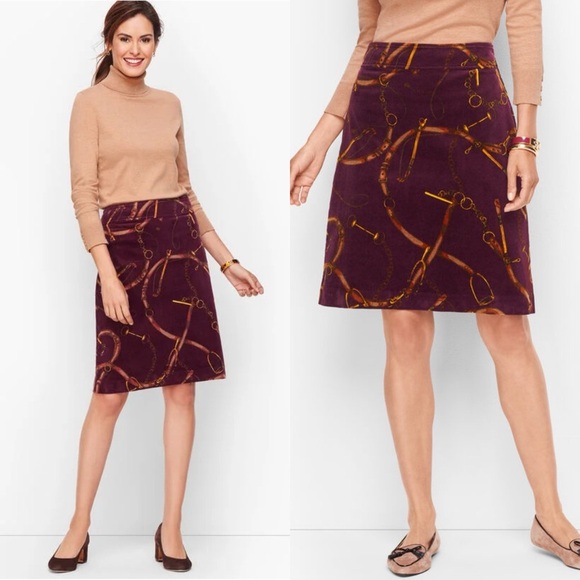 TALBOTS CORDUROY A-LINE SKIRT EQUESTRIAN PRINT SKIRT MAROON BURGUNDY BROWN 10 - Picture 1 of 8